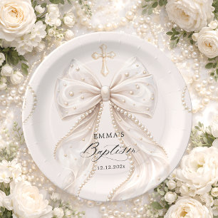 Baptism Coquette Bow with Pearl Paper Plate