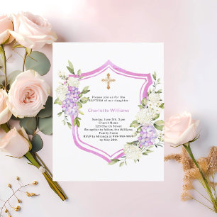 Baptism crest pink purple flowers girl invitation