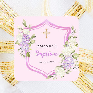 Baptism crest pink purple flowers girl square sticker