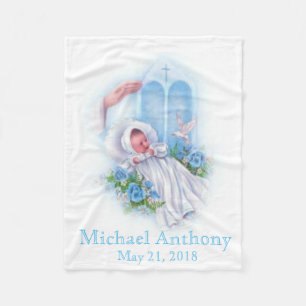 Baptism Cross Baby Boy Blue Flowers Fleece Blanket