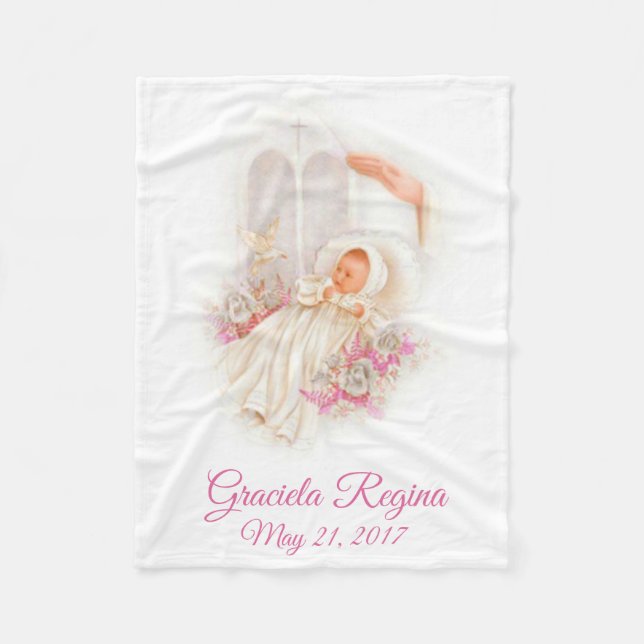 Baptism Cross Baby Girl Pink Flowers Fleece Blanket (Front)