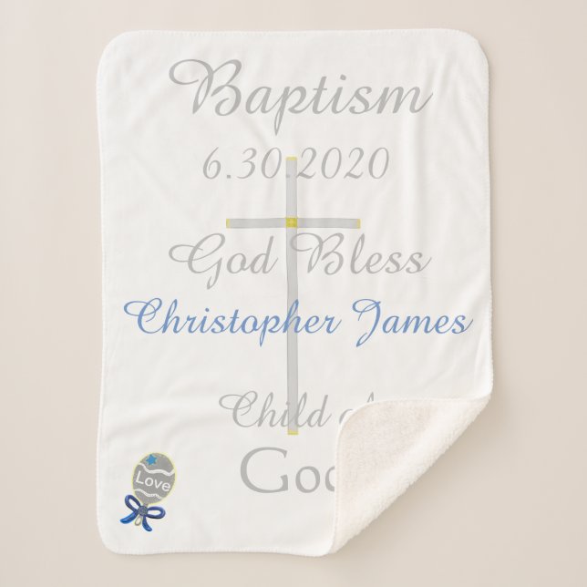 Baptism Cross Boy Blue Rattle Sherpa Blanket (Front)