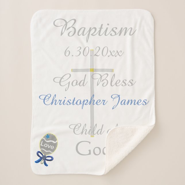 Baptism Cross Boy Blue Star Rattle Medium Sherpa Blanket (Front)