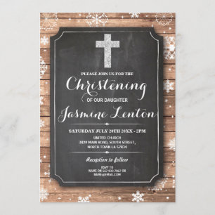Baptism Cross Christening Wood Christmas Snow Invitation