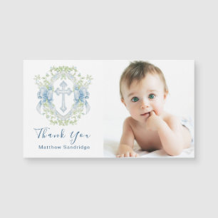Baptism Cross Crest Greenery Baby Boy photo magnet