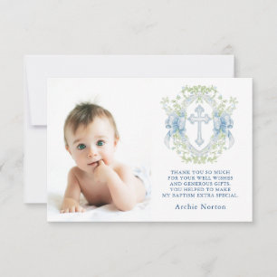 Baptism Cross Crest Greenery Baby Boy Photo  Thank You Card