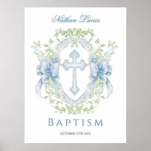 Baptism Cross Crest Greenery Baby Boy  Poster