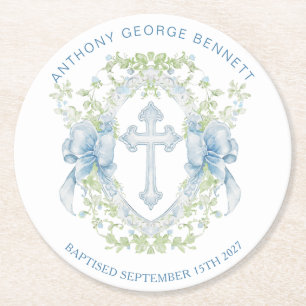 Baptism Cross Crest Greenery Baby Boy Round Paper Coaster