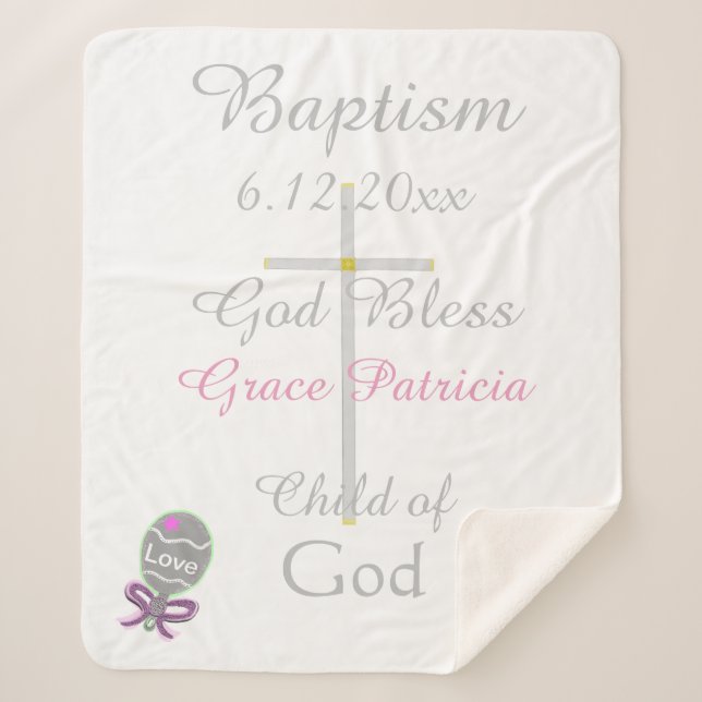 Baptism Cross Girl Pink Rattle Medium Sherpa Blanket (Front)