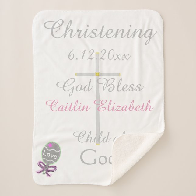 Baptism Cross Girl Pink Rattle Medium Sherpa Blanket (Front)