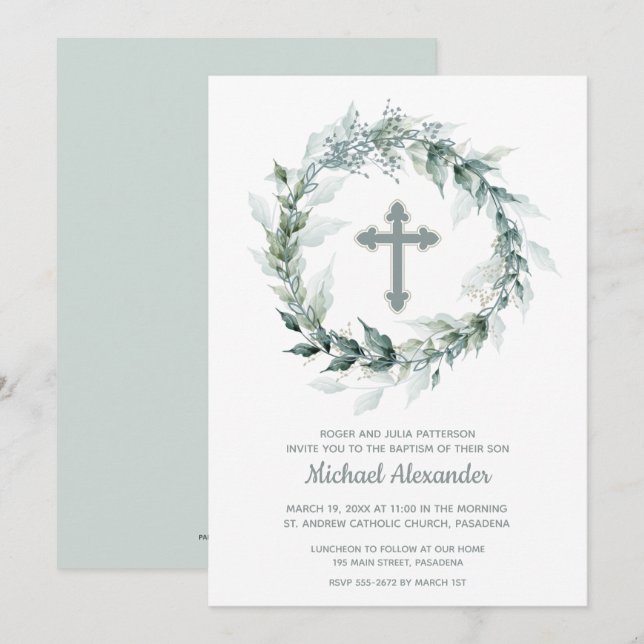 Baptism Cross Wreath Invitations (Front/Back)