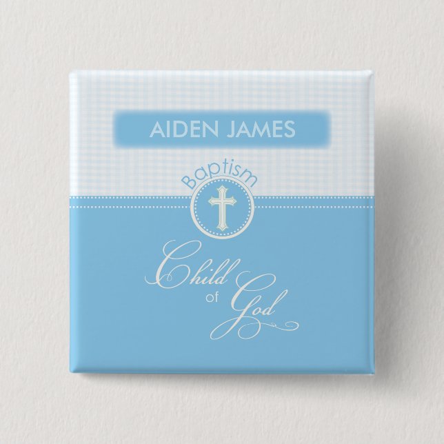 Baptism, Custom Name,  Blue Child of God 2 Inch Square Button (Front)