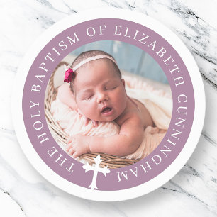 Baptism   Custom Photo and Cross Classic Round Sticker