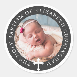 Baptism   Custom Photo and Cross Classic Round Sticker