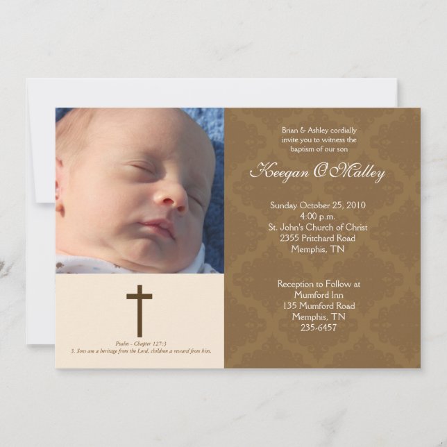 Baptism Dedication Tan/Cream 5x7 Damask Photo Invitation (Front)