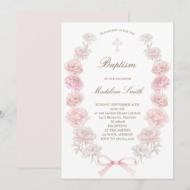 Baptism delicate peonies frame invitation (Front/Back)