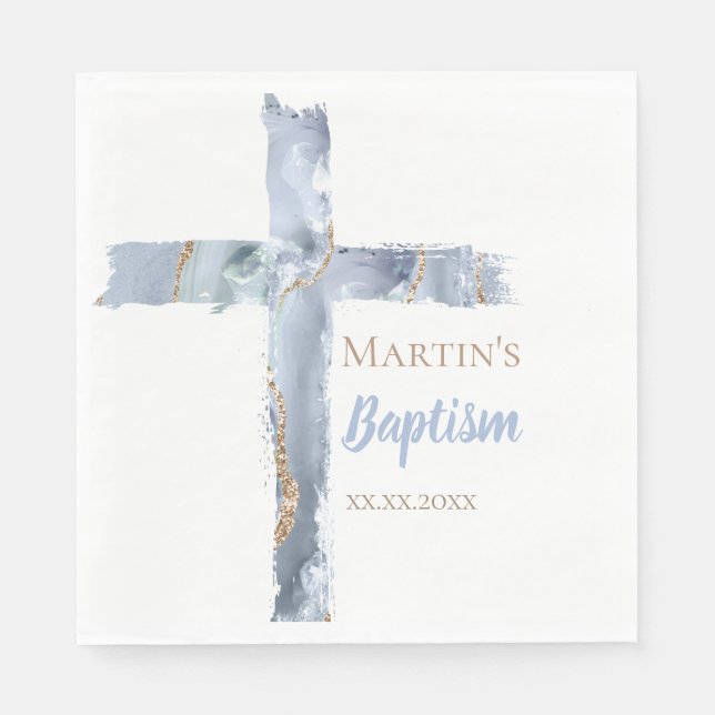 Baptism dusty blue agate Holy Cross Napkin (Front)