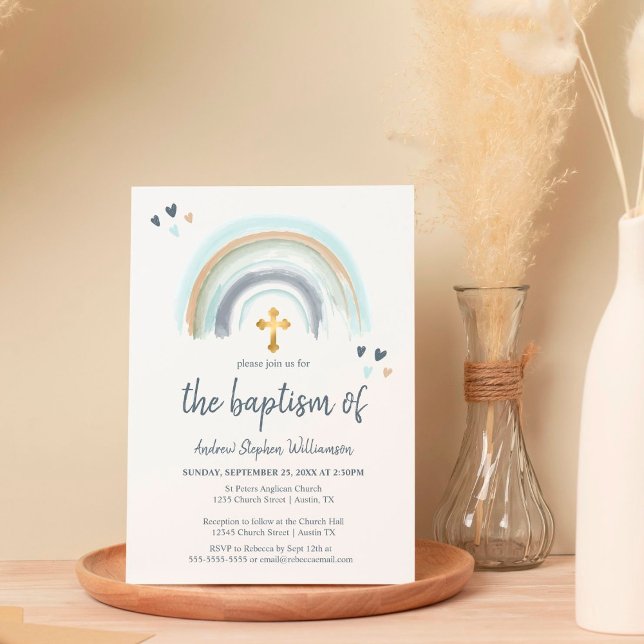 Baptism Dusty Blue and White Boho | Rainbow  Invitation (Creator Uploaded)
