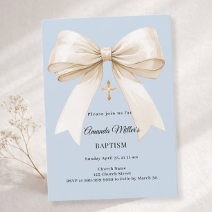 Baptism dusty blue beige bow boy invitation