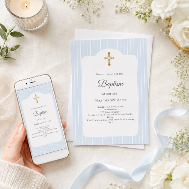 Baptism dusty blue stripes boy invitation (Creator Uploaded)