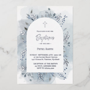 Baptism dusty blue watercolor silver