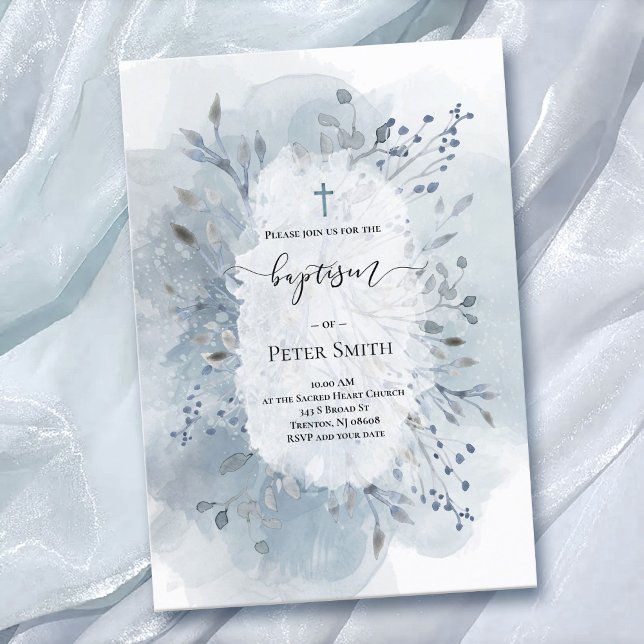 Baptism dusty blue watercolor splash foliage invitation (Creator Uploaded)