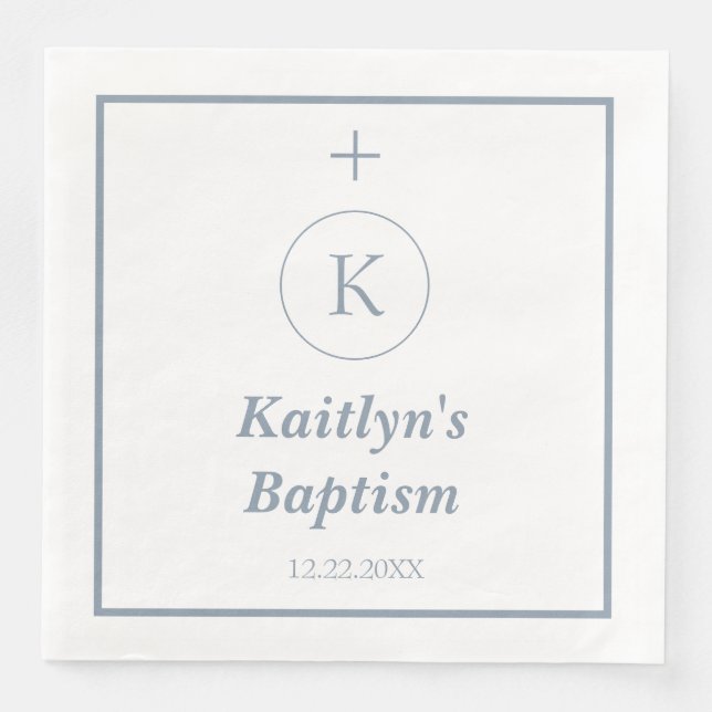Baptism Dusty Blue White Monogram Initials Elegant Napkin (Front)