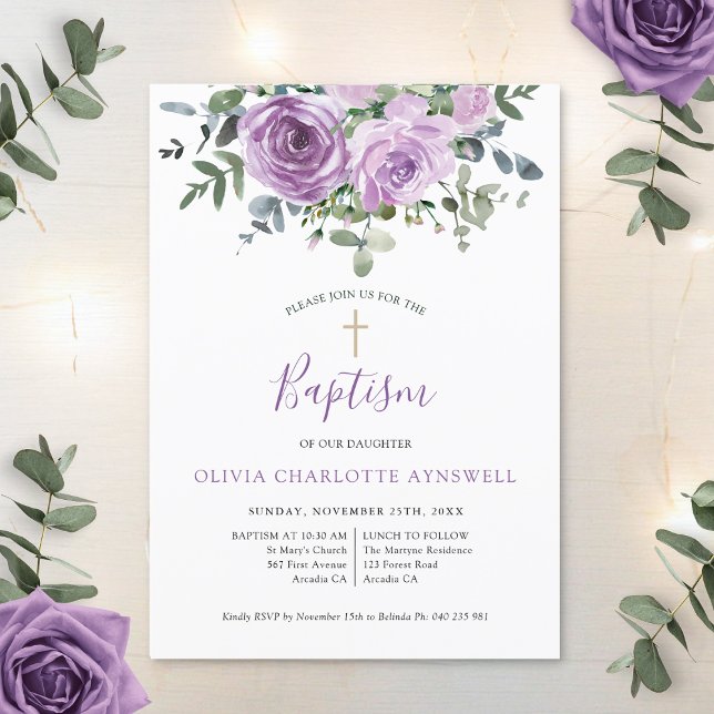  Baptism Dusty Mauve Rose Eucalyptus Christening Invitation (Creator Uploaded)