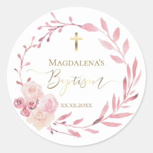 Baptism dusty pink floral wreath classic round sticker
