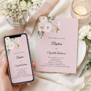 Baptism dusty pink florals girl invitation