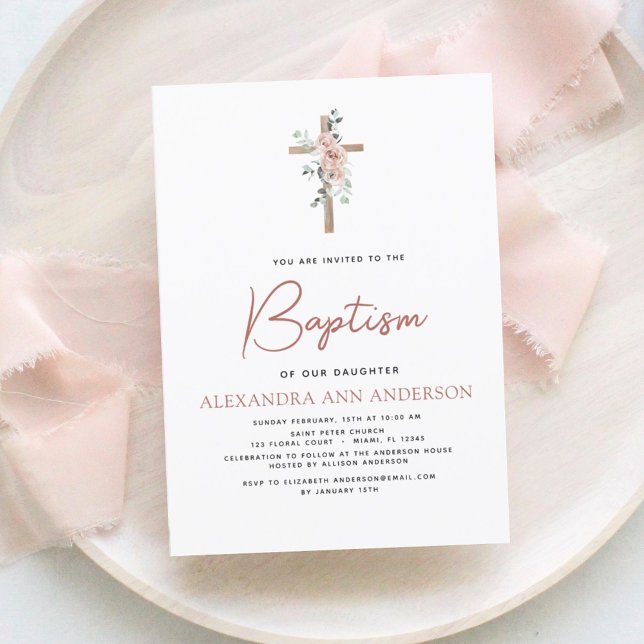 Baptism Dusty Pink Rose Greenery Eucalyptus Invitation (Creator Uploaded)