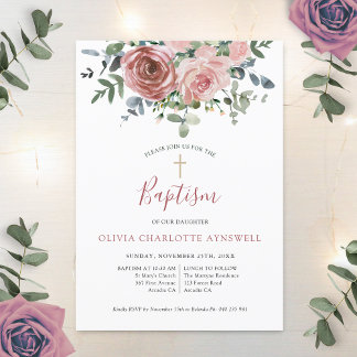 Baptism Dusty Rose Eucalyptus Christening Invitation