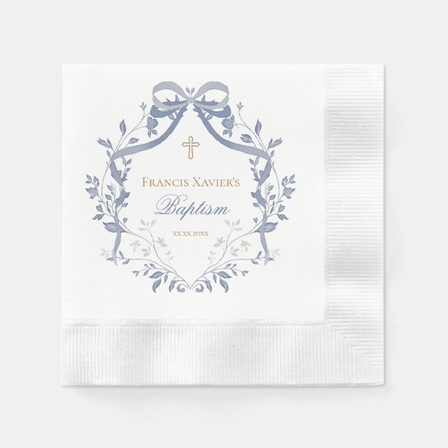 Baptism elegant blue bow napkin (Front)