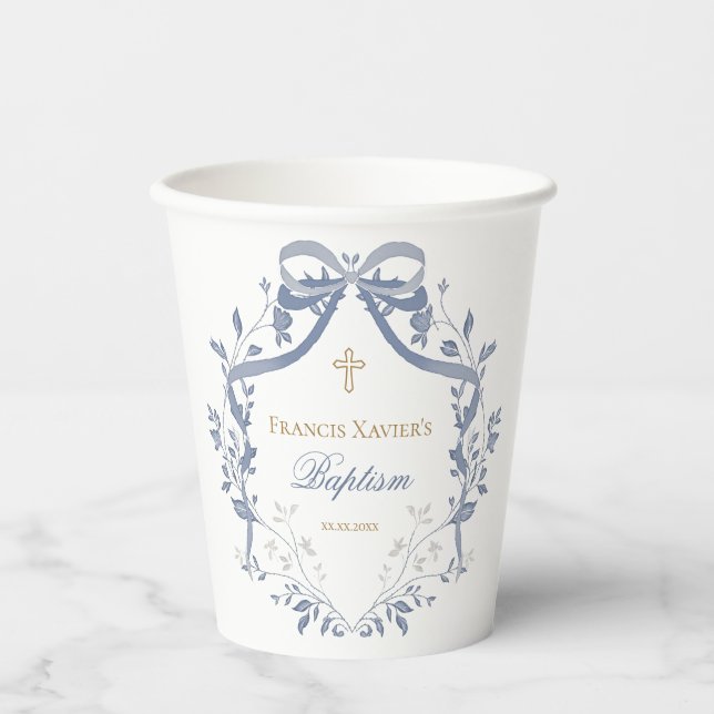 Baptism elegant blue bow paper cups (Front)
