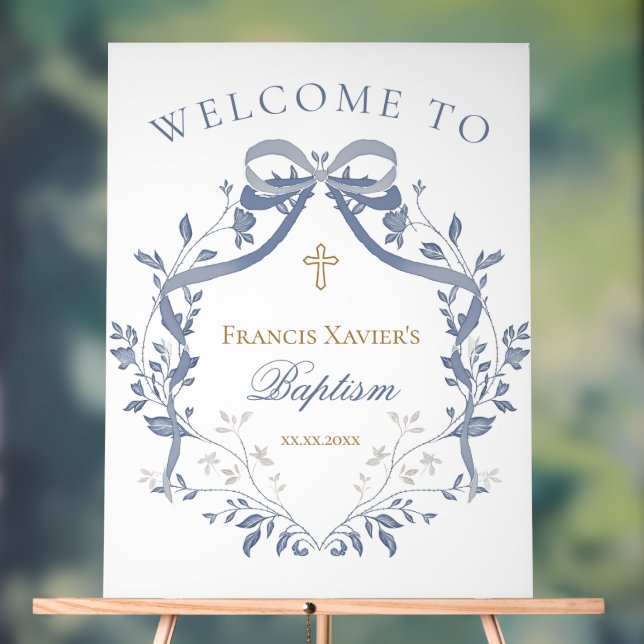 Baptism elegant blue bow welcome  acrylic sign (Neutral)