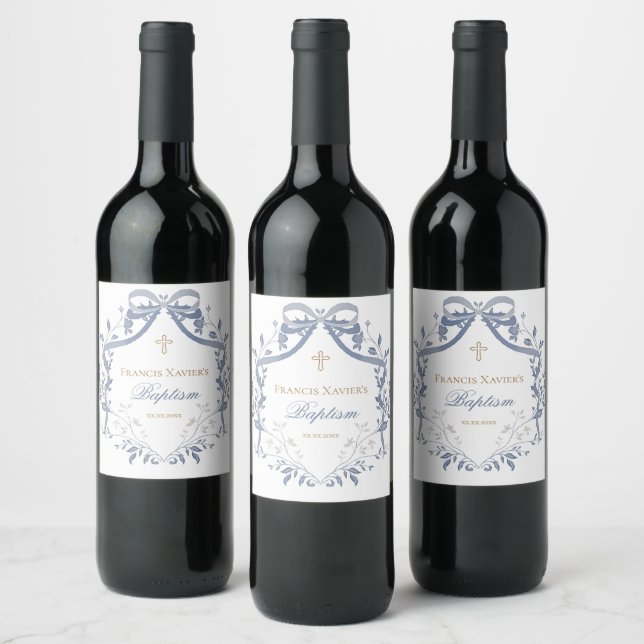 Baptism elegant blue bow wine label (Bottles)