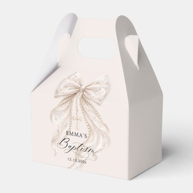 Baptism Elegant Bow with Pearls Favor Box (Front Side)