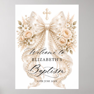 Baptism Elegant Floral Bow and Pearl Welcome Poster
