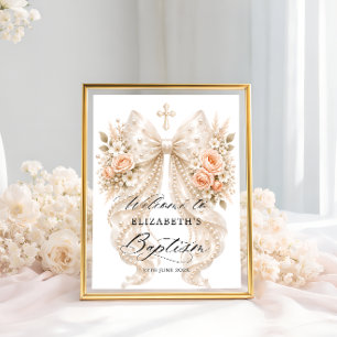 Baptism Elegant Floral Bow and Pearl Welcome Poster