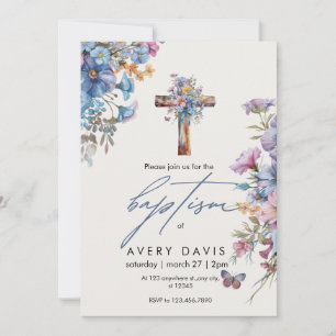Baptism elegant modern blue watercolor cross  invitation