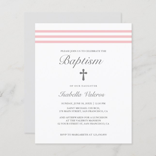 BAPTISM Elegant Striped pastel Pink Grey Cross  (Front/Back)