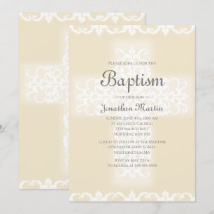 Baptism Elegant White Beige Damask Christian Cross Invitation