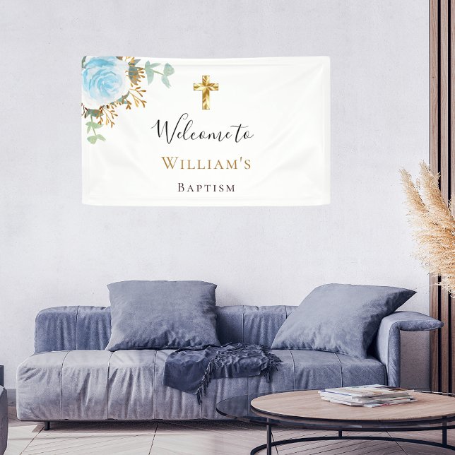 Baptism eucalyptus blue floral boy welcome  banner (Creator Uploaded)
