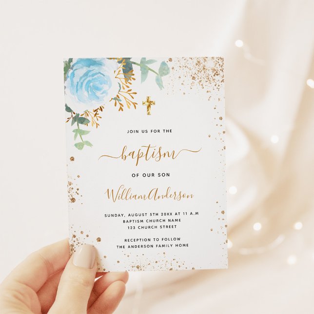 Baptism eucalyptus blue floral budget invitation flyer (Creator Uploaded)