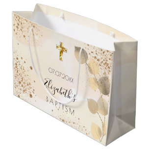 Baptism eucalyptus glitter golden monogram large gift bag