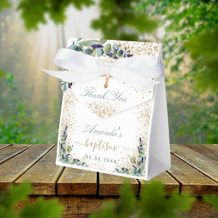 Baptism eucalyptus glitter name thank you cross favor box