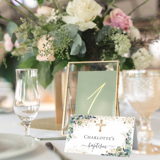 Baptism eucalyptus gold glitter dust place card (Creator Uploaded)