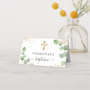 Baptism eucalyptus gold glitter dust  place card