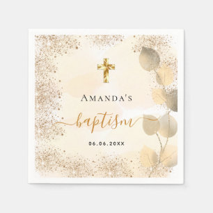 Baptism eucalyptus golden glitter monogram napkin
