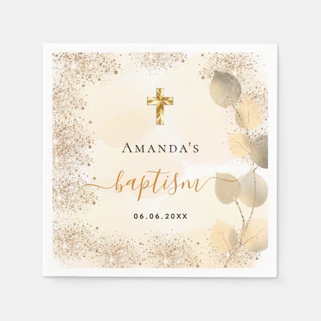 Baptism eucalyptus golden glitter monogram napkin (Front)